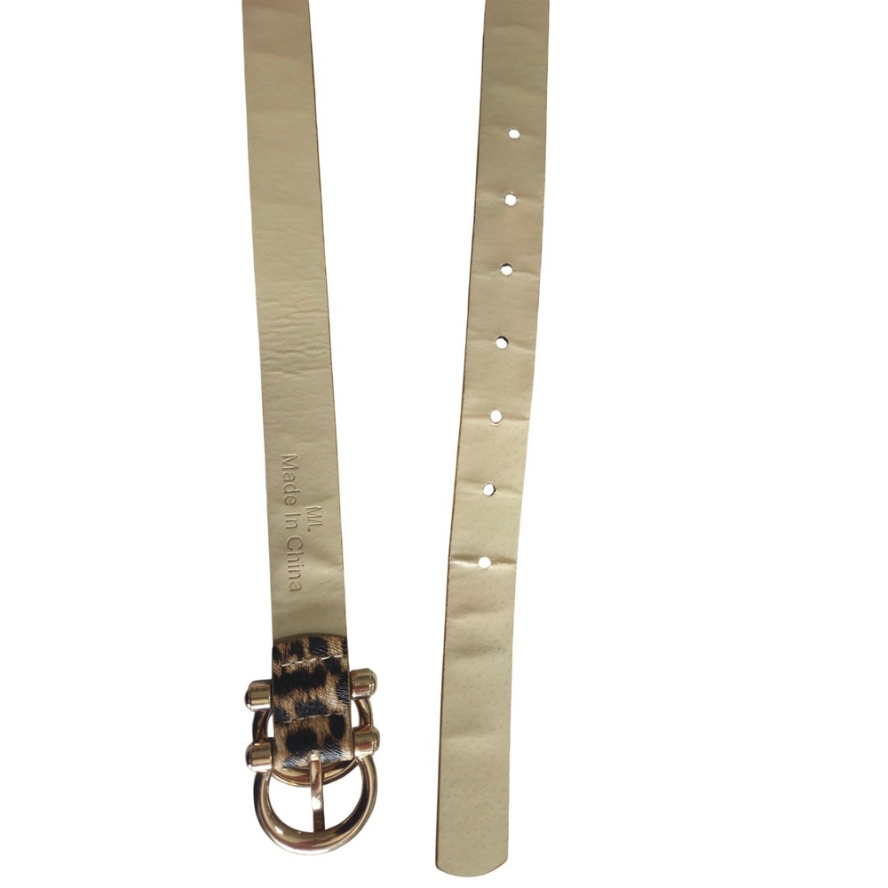 Womens Leopard Print Slim Belt Gold Double Ring Buckle Size M/L Animal Print - Picture 4 of 4